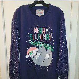 Happy Holidays Merry Slothmas Christmas Navy Blue Sweatshirt Size 2XL